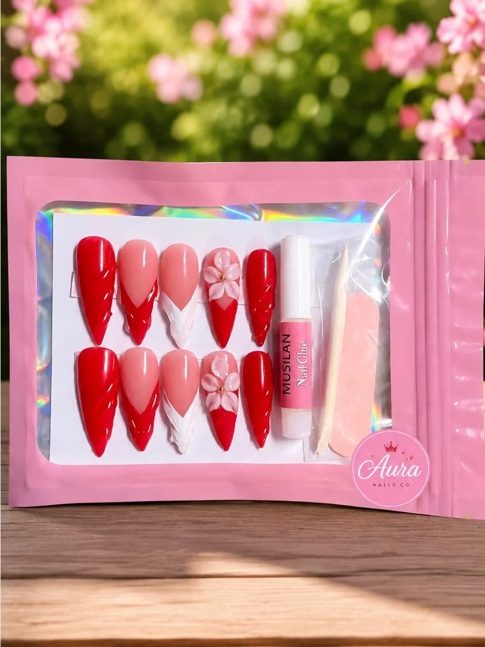 Red & Pink Press-On Nail Set with Floral Accent